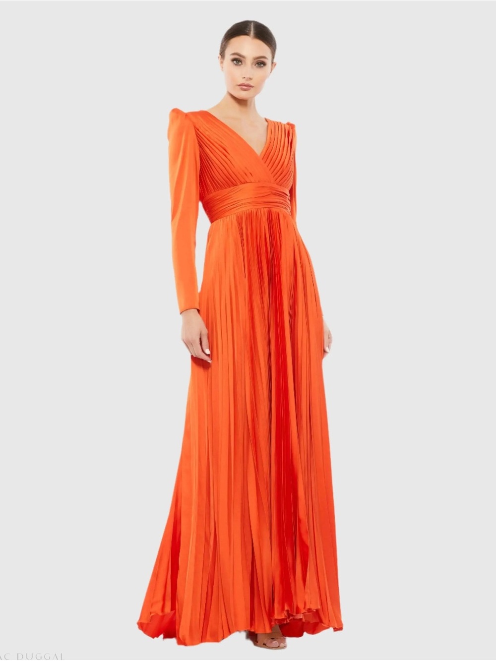 ‼️NEW Mac Duggal Orange Pleated Long Sleeve V-Neck Gown Maxi Dress